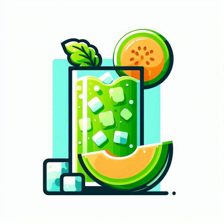 Melon smoothie with ice and mint. Vector illustration in flat styleのイラスト素材