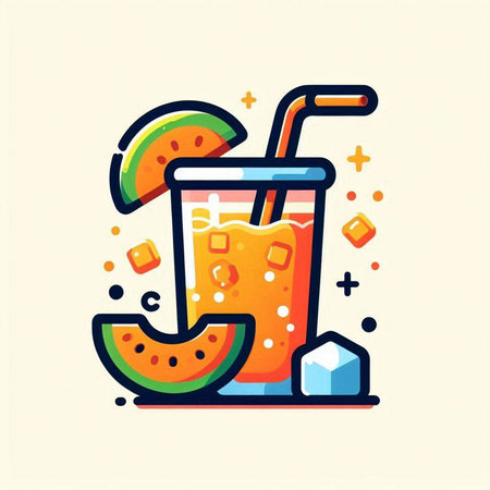 Melon smoothie in a glass with a straw and ice cubes. Vector illustration.のイラスト素材