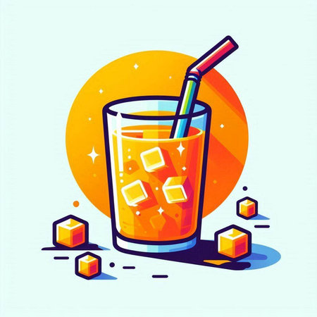 Glass of orange juice with ice cubes and straw. Vector illustration.のイラスト素材