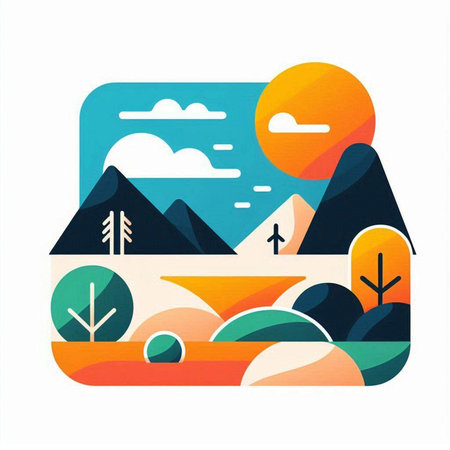 Landscape with mountains and houses. Vector illustration in flat style.のイラスト素材