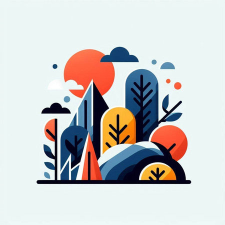 City landscape with trees, bushes and clouds. Vector illustration in flat styleのイラスト素材