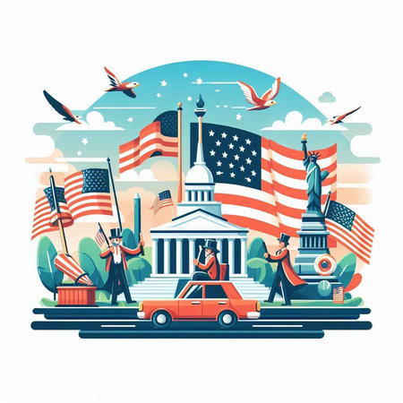 Patriotic composition with american symbols. Flat vector illustration.のイラスト素材