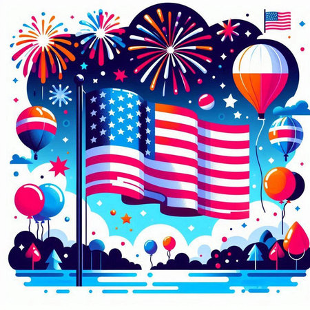 Patriotic flat vector illustration. Statue of Liberty with american flagsのイラスト素材