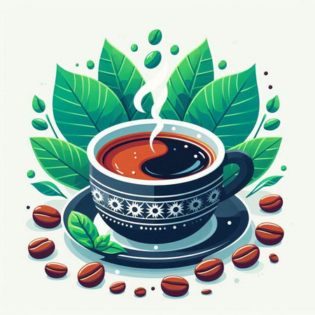 Coffee cup with latte art and coffee beans. Vector illustration.のイラスト素材