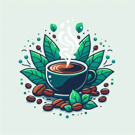 Coffee cup with beans, flowers and leaves. Vector illustration.のイラスト素材
