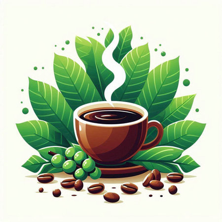 Coffee cup with coffee beans and leaves. Vector illustration.のイラスト素材