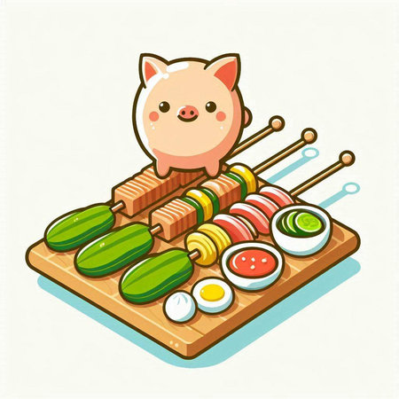 Illustration of a Cute Pig Eating Sushi with Vegetablesのイラスト素材