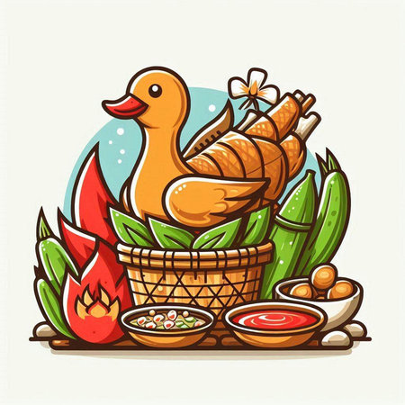 Vector illustration of a chicken in a basket with vegetables and sauce.のイラスト素材