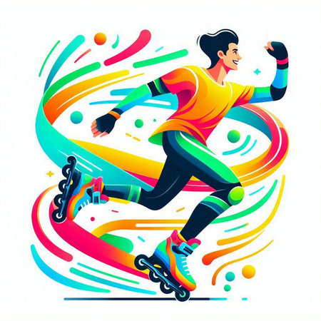 Vector illustration of a man riding roller skates on colorful background.のイラスト素材