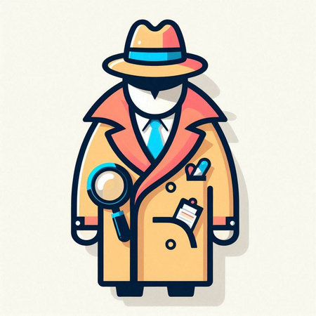 Cartoon detective with magnifying glass in coat. Vector illustration.のイラスト素材
