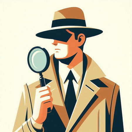 Vector illustration of detective with magnifying glass. Retro style design.のイラスト素材