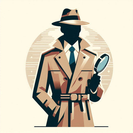 Detective with magnifying glass. Vector illustration in retro style.のイラスト素材