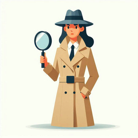 Female detective in coat and hat with magnifying glass. Vector illustrationのイラスト素材