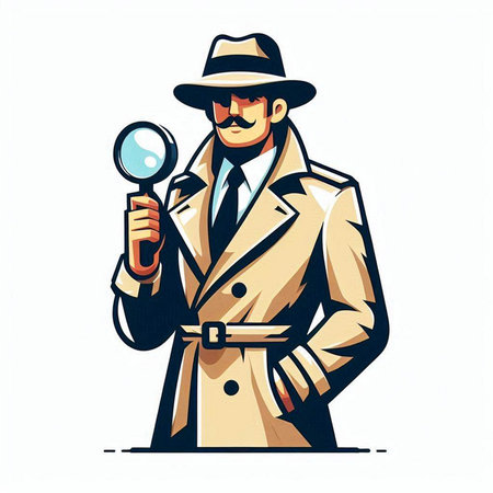 Vector illustration of detective in hat and coat with magnifying glass.のイラスト素材