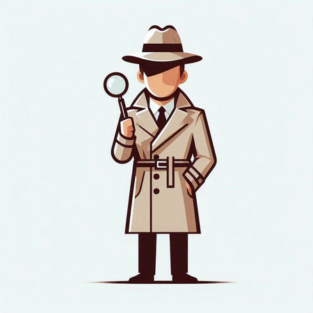 Man detective in hat and coat with magnifying glass. Vector illustration.のイラスト素材