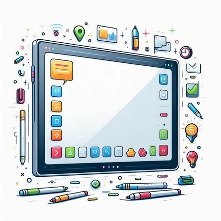 Tablet computer with colorful icons on white background. Vector illustration.のイラスト素材