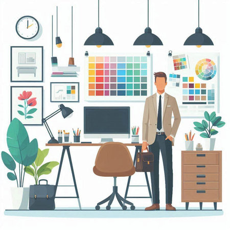 Business woman working on computer in office. Vector flat graphic design illustrationのイラスト素材