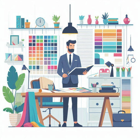 Flat design modern office interior with furniture and people. Vector illustrationのイラスト素材