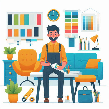Architect man sitting at table in office. Vector illustration in cartoon styleのイラスト素材