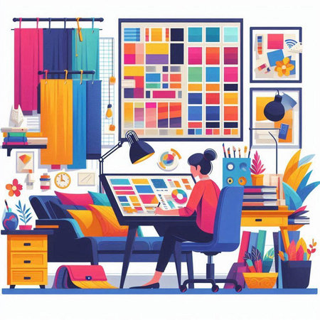 Woman working at home. Interior of the living room. Vector illustrationのイラスト素材