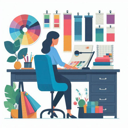 Designer woman working in her office. Vector illustration in flat styleのイラスト素材