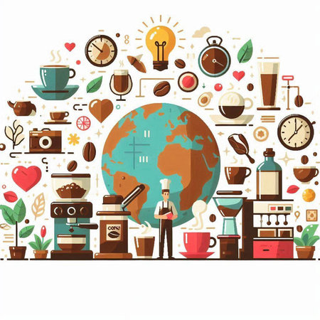 Coffee time concept with flat line icons. Vector illustration.のイラスト素材