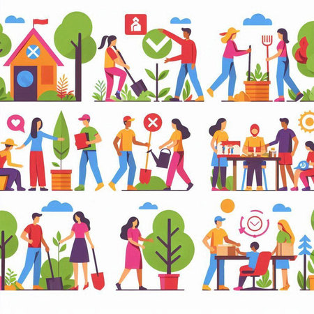 People working in garden. Flat style vector illustration. Set of people working in garden.のイラスト素材