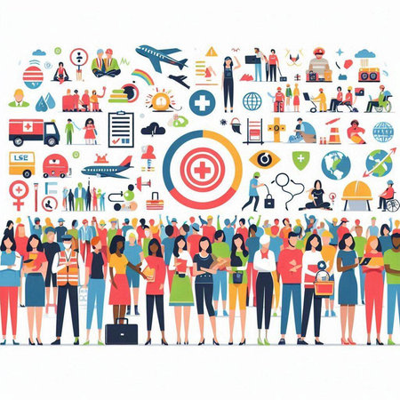 Group of people with medical icons and symbols. Flat design vector illustration.のイラスト素材