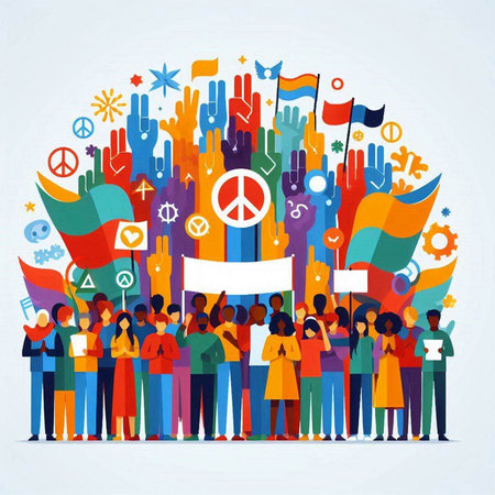 Group of people holding banners and flags. Vector illustration in flat styleのイラスト素材