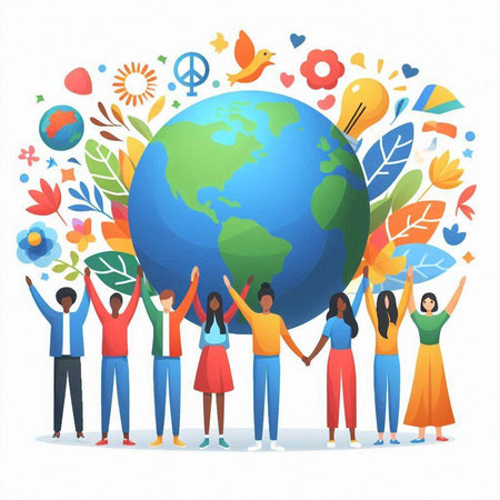 World Environment Day concept. Group of people holding hands around the globe. Vector illustration.のイラスト素材