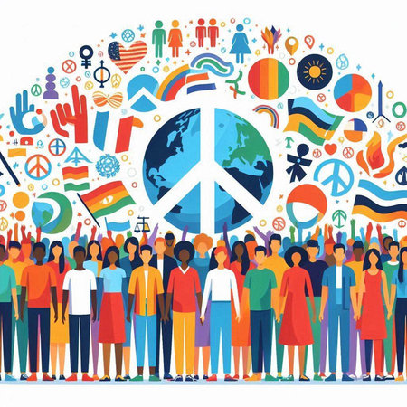 International Day of Peace. Group of people with flags and symbols of the world. Vector illustration.のイラスト素材