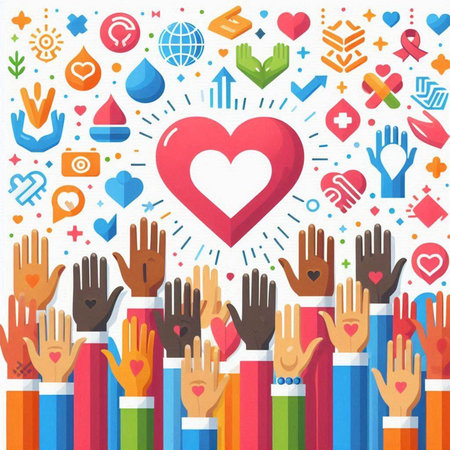 Vector illustration of people hands with heart and social media icons in flat styleのイラスト素材
