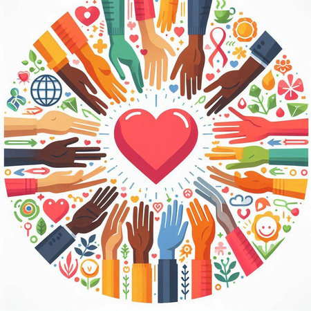 Hands of different nationalities and religions around the heart. Vector illustration.のイラスト素材