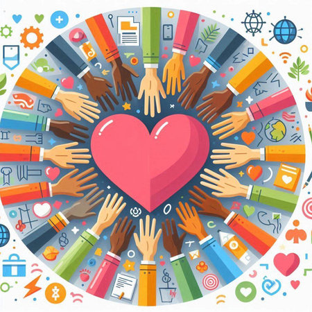 Vector illustration of hands around heart in circle. Teamwork concept.のイラスト素材