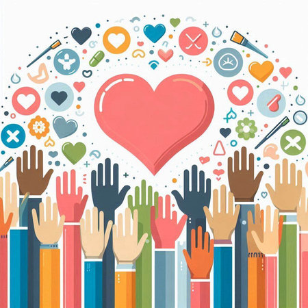 Hands of diverse people holding red heart shape. Vector illustration.のイラスト素材