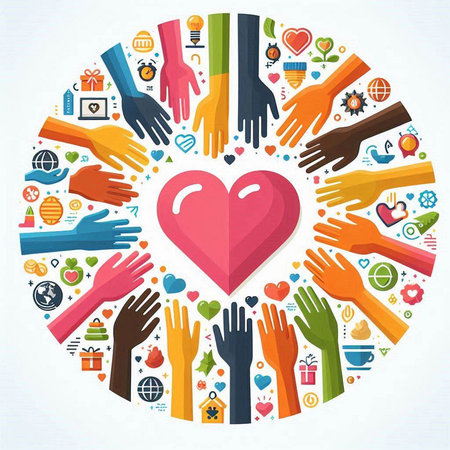 Volunteer and charity concept with hands around heart, vector illustrationのイラスト素材