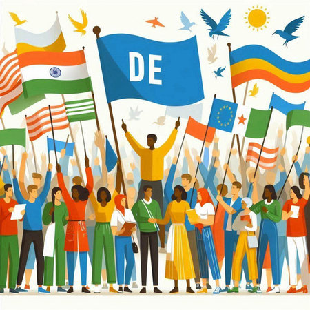 People holding flags of different countries. Vector illustration in flat cartoon styleのイラスト素材