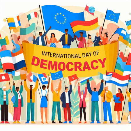 International Day of Democracy concept with people holding flags. Vector illustration.のイラスト素材