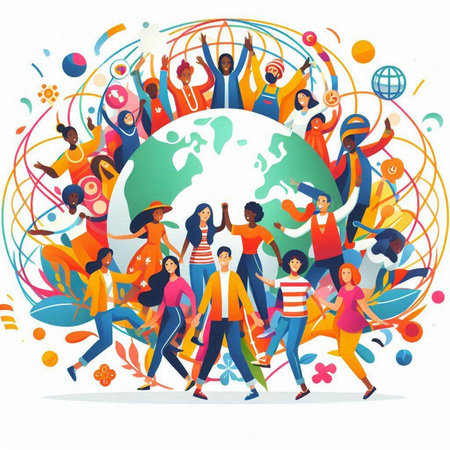 Happy young people around the globe. Vector illustration in flat style.のイラスト素材