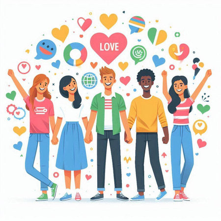 Group of young people standing together with social media icons. Vector illustrationのイラスト素材