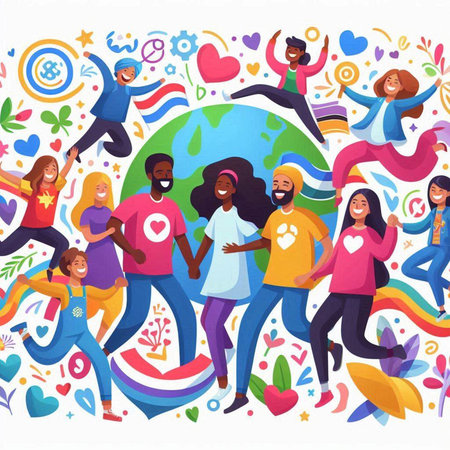 Happy people around the world. Vector flat illustration. Colorful background.のイラスト素材