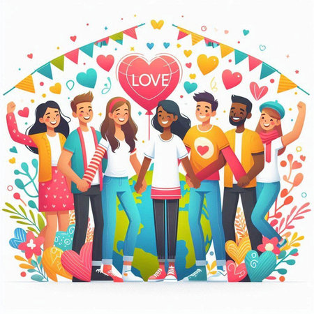 Group of young people in love. Vector illustration in flat style.のイラスト素材