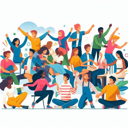 Group of happy young people having fun together. Flat vector illustration.のイラスト素材