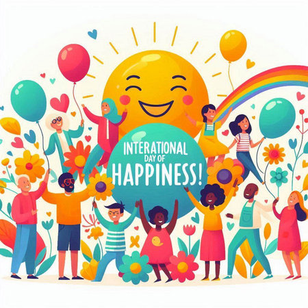 International Happy Holidays. Group of Smiling People with Balloons and Flowers. Vector Illustrationのイラスト素材