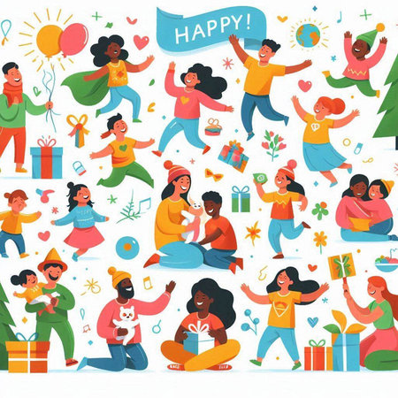 Happy Mothers Day card with different people and presents. Vector illustration.のイラスト素材