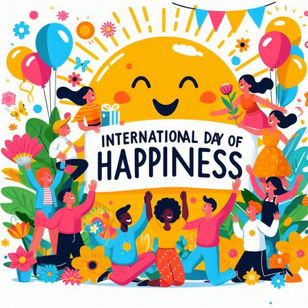 International Day of Happiness typography poster with people and flowers vector illustrationのイラスト素材