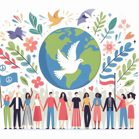 International Day of Peace. Group of people with the planet Earth. Vector illustration.のイラスト素材