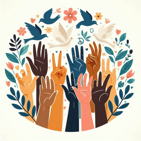 Set of hands with different symbols of peace and love. Vector illustration.のイラスト素材