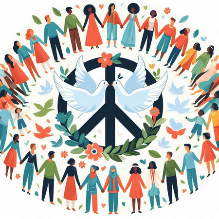 International Day of Peace. People with peace symbol. Vector illustration.のイラスト素材