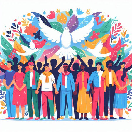 International Day of Peace. Young people with dove of peace. Vector illustration.のイラスト素材